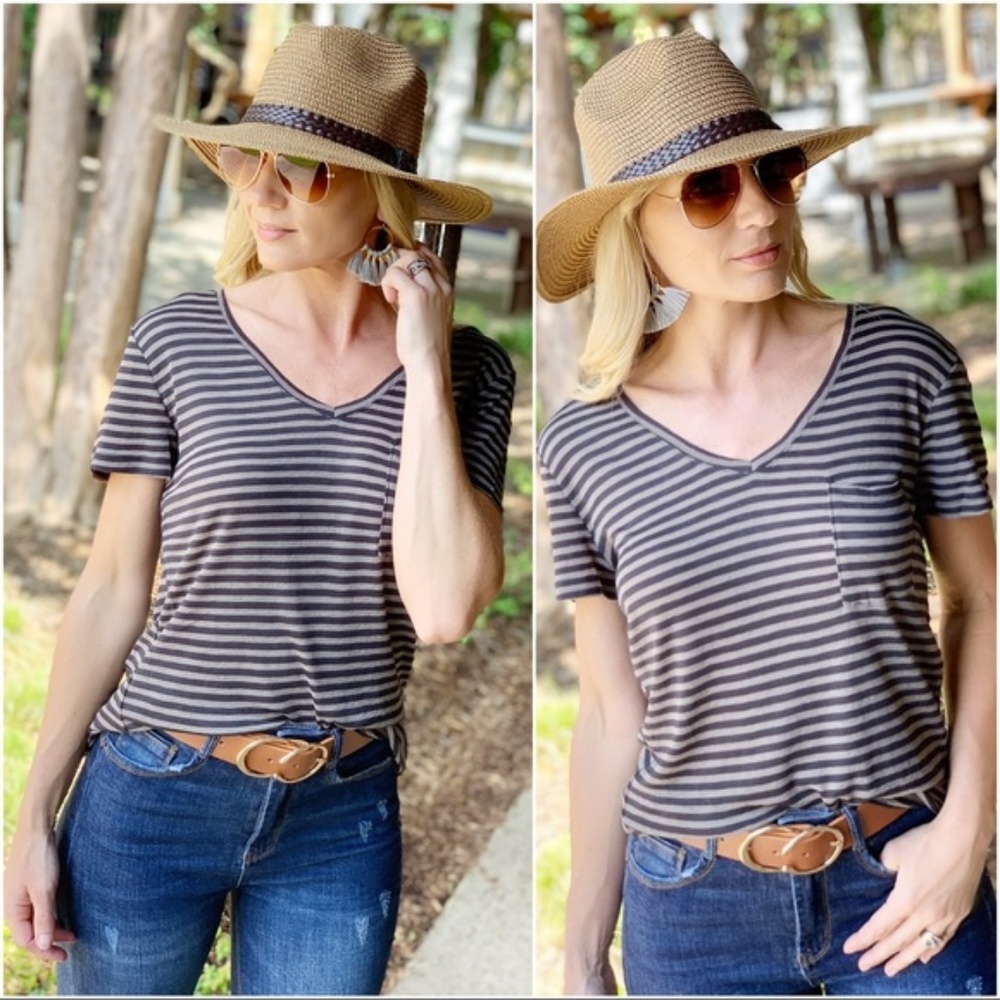 Black and Gray Striped V Neck Tunic